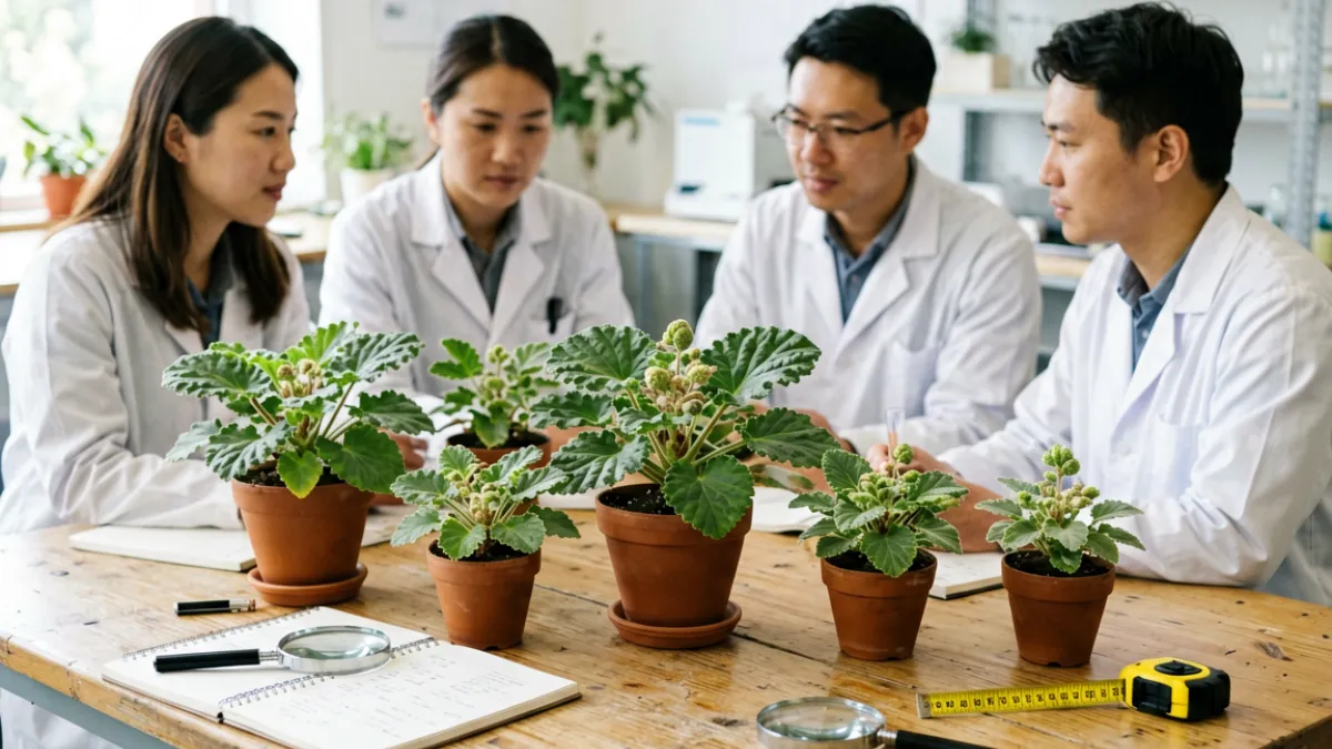 害羞草网站团队成员围坐在种满含羞草的实验桌旁，桌上摆放多盆不同生长阶段的含羞草植株