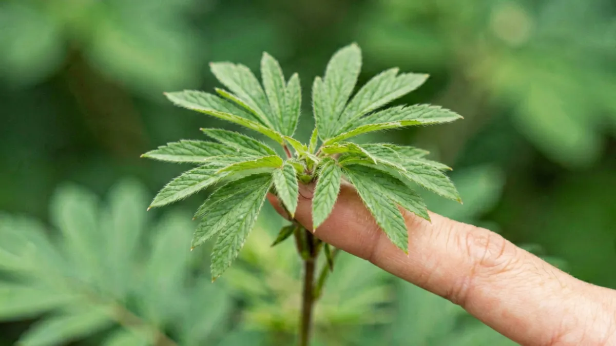害羞草叶片被手指轻触后迅速合拢闭合的特写画面，展示植物感应运动的奇妙瞬间