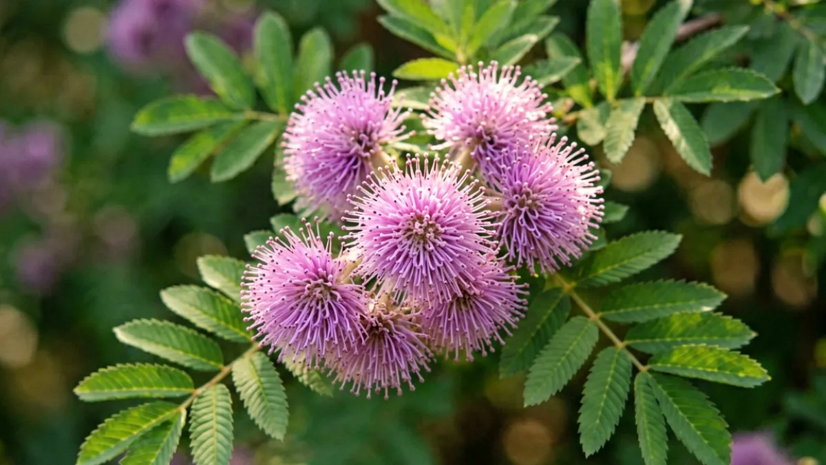 害羞草开出粉色绒球花，周围羽状复叶展开，阳光从侧面打亮花朵