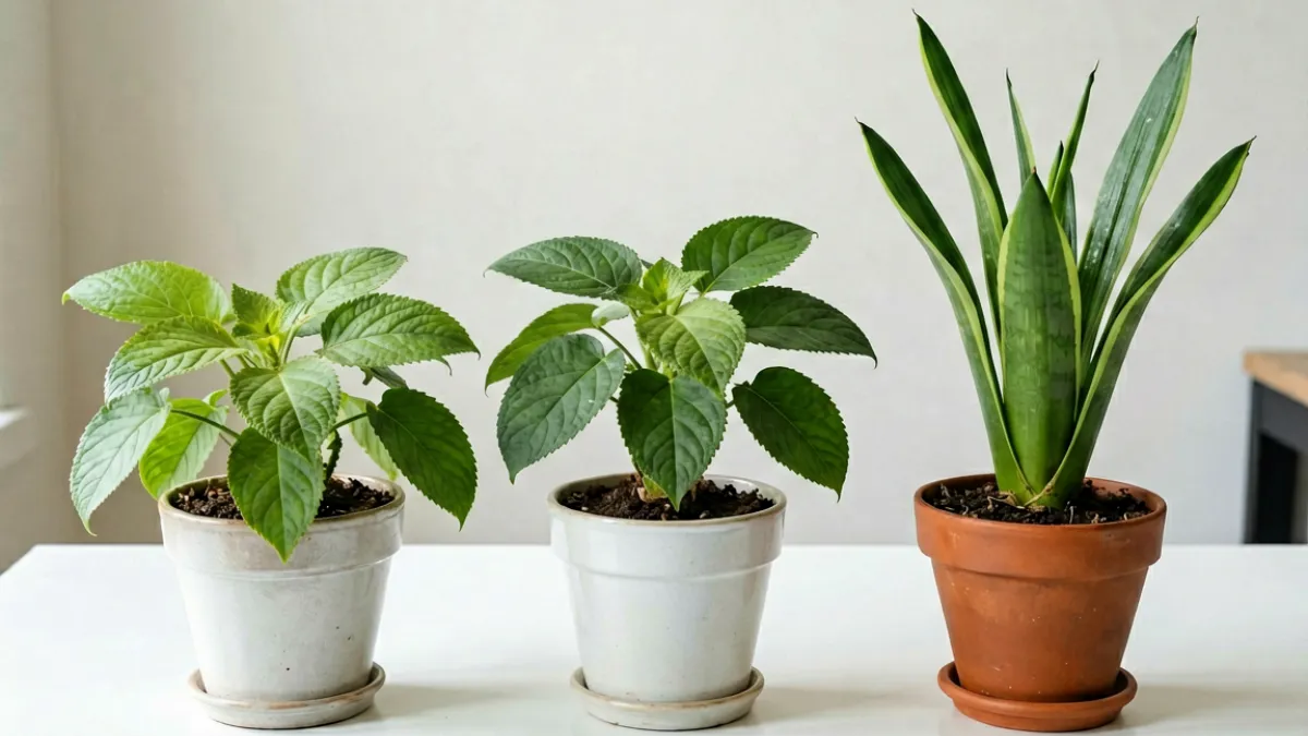 害羞草、含羞草与敏感草三种植物并排摆放，叶片形态与颜色的细节差异清晰可见